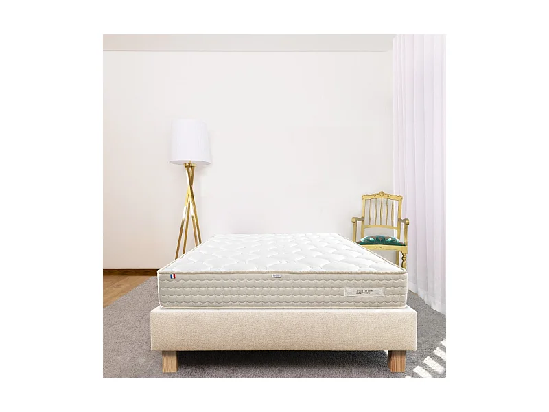 Ensemble Matelas Sublime, 20 cm, mousses haute densité, ferme, face été/hiver + sommier beige ep20cm, 90x190cm
