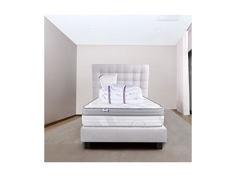 Ensemble Matelas ViscoPlus, 26 cm, mousses haute densité, ferme, face été/hiver+sommier gris ep20cm+oreiller+couette+Tête de Lit, 90x190cm