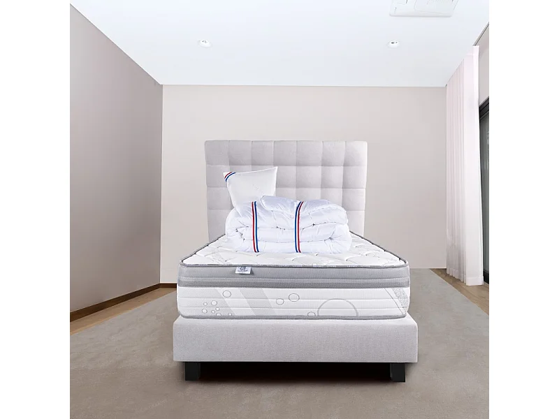 Ensemble Matelas ViscoPlus, 26 cm, mousses haute densité, ferme, face été/hiver+sommier gris ep20cm+oreiller+couette+Tête de Lit, 90x190cm