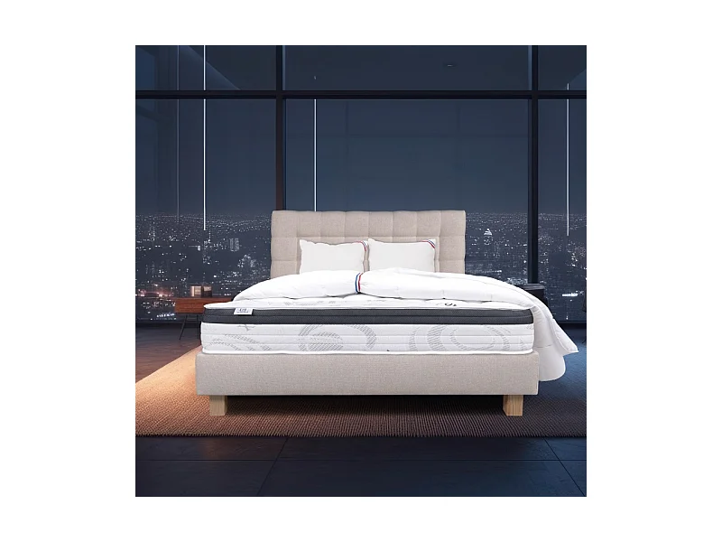 Ensemble Matelas Sleeplux, 26 cm, mousses haute densité, ferme, face été/hiver+sommier beige ep20cm+oreiller+couette+Tête de Lit, 140x190cm