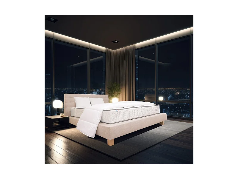 Ensemble Complet Matelas Iris (20 cm) ferme,Sommier beige (20cm) , Tête de lit,Oreiller et Couette, 160x200cm