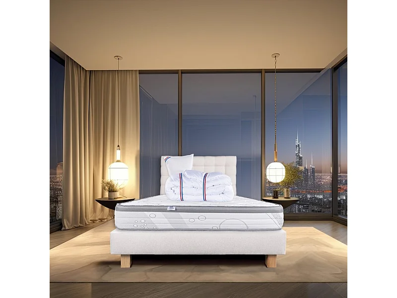 Ensemble Matelas Relaxation, 26 cm, ressorts ensachés, ferme, face été/hiver+sommier beige ep20cm+oreiller+couette+Tête de Lit, 90x190cm