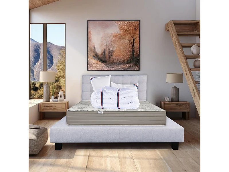 Ensemble Matelas Organic Cotton 24cm mousses haute densité ferme face été/hiver+sommier gris ep20cm+oreiller+couette+Tête de Lit, 140x200cm
