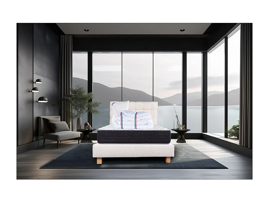 Ensemble Matelas Serenite, 27 cm, ressorts ensachés, ferme, face été/hiver+sommier beige ep20cm+oreiller+couette+Tête de Lit, 90x190cm