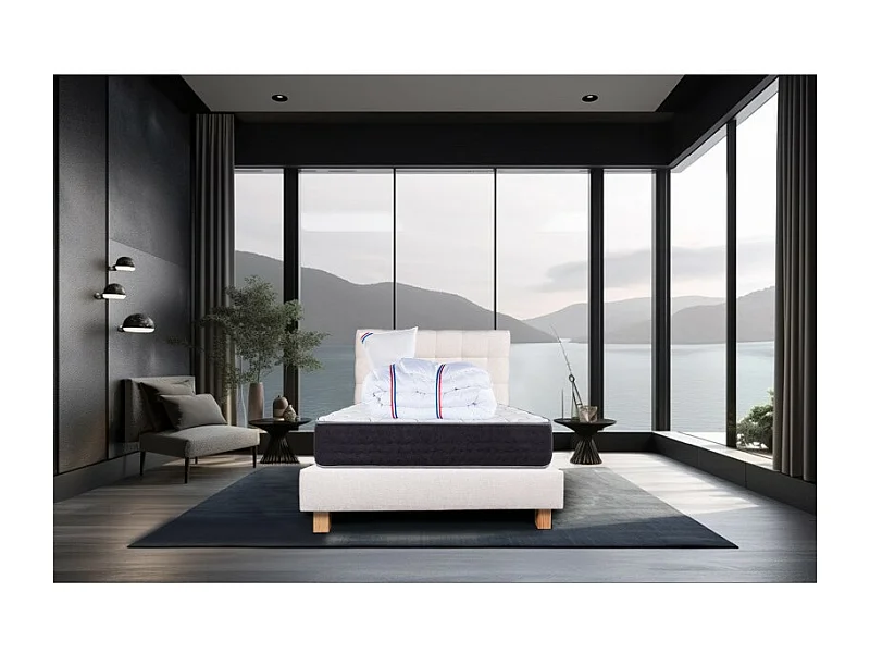 Ensemble Matelas Serenite, 27 cm, ressorts ensachés, ferme, face été/hiver+sommier beige ep20cm+oreiller+couette+Tête de Lit, 90x190cm