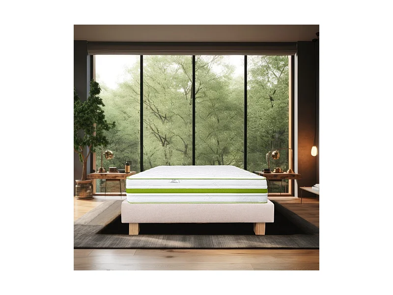 Ensemble Matelas Rêverie, 30 cm, mousses haute densité, ferme, face été/hiver + sommier beige ep20cm, 140x190cm