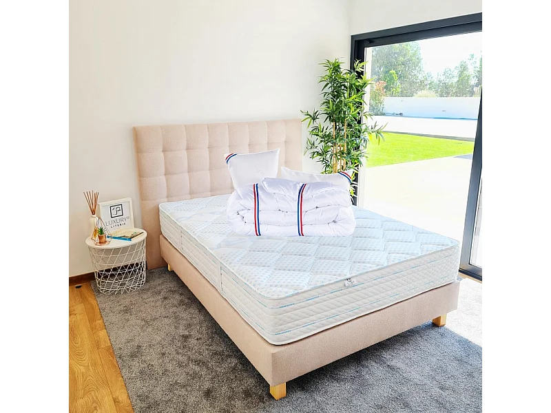Ensemble Matelas Thermotec (24 cm) ferme, face été/hiver ,Tête de Lit, Sommier (20cm), Couette et Oreiller, 140x190cm