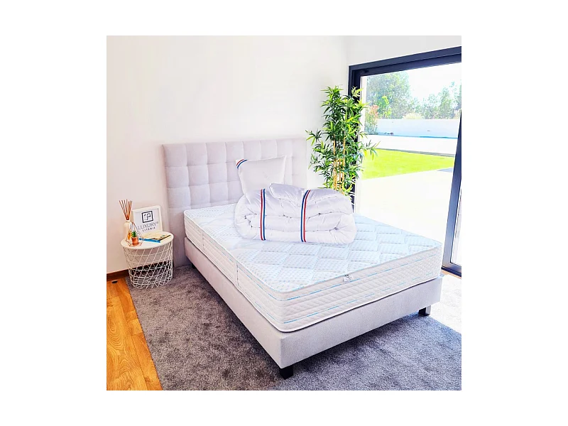 Ensemble Matelas Thermotec (24 cm),Tête de Lit, Sommier (20cm),Couette et Oreiller, 90x190cm