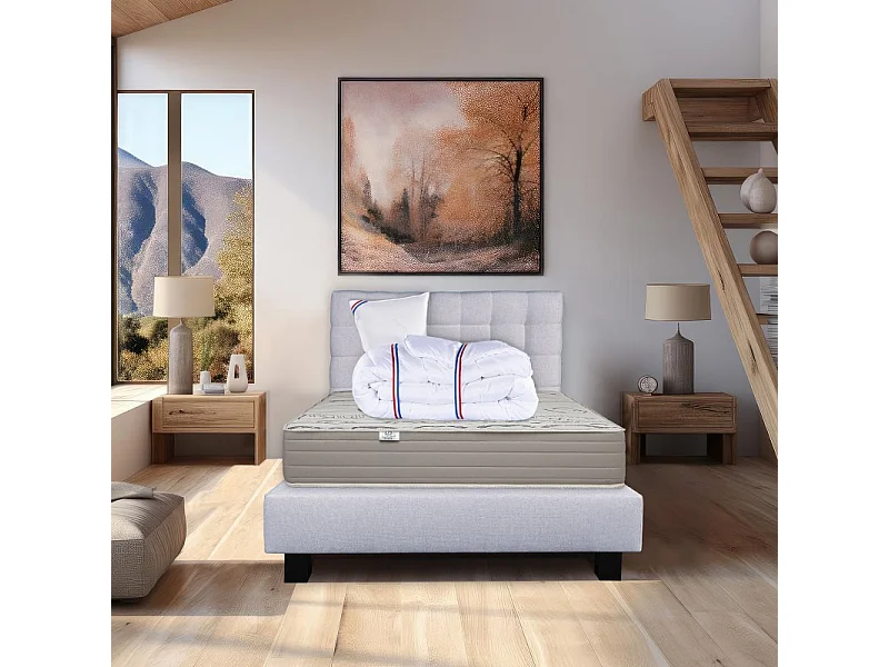 Ensemble Matelas Organic Cotton 24cm mousses haute densité ferme face été/hiver+sommier gris ep20cm+oreiller+couette+Tête de Lit, 90x190cm