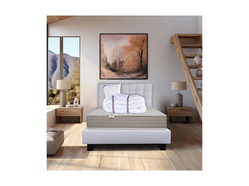 Ensemble Matelas Organic Cotton 24cm mousses haute densité ferme face été/hiver+sommier gris ep20cm+oreiller+couette+Tête de Lit, 90x190cm