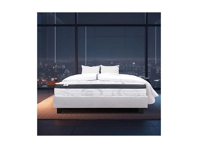 Ensemble Matelas Sleeplux, 26 cm, mousses haute densité, ferme, face été/hiver + sommier gris ep20cm + oreiller + couette, 140x190cm