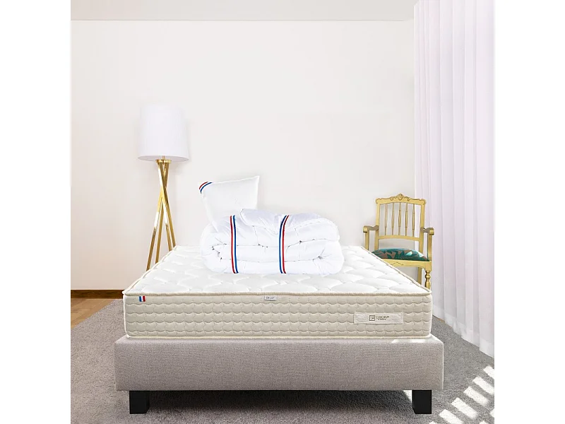 Ensemble Matelas Sublime, 20 cm, mousses haute densité, ferme, face été/hiver + sommier gris ep20cm + oreiller + couette, 90x190cm