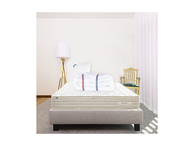 Ensemble Matelas Sublime, 20 cm, mousses haute densité, ferme, face été/hiver + sommier gris ep20cm + oreiller + couette, 90x190cm