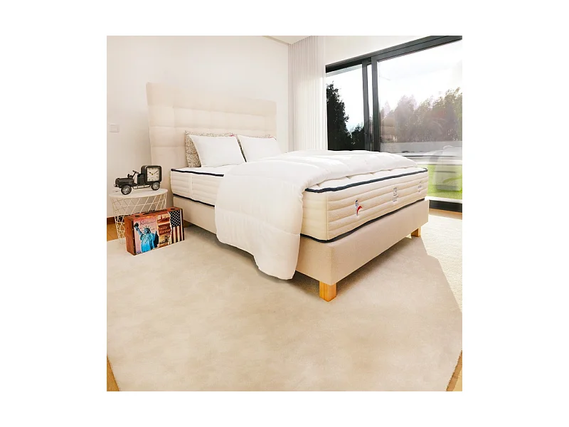 Ensemble Matelas Patriote, 27 cm, ressorts ensachés, ferme, face été/hiver+sommier beige ep20cm+oreiller+couette+Tête de Lit, 160x200cm