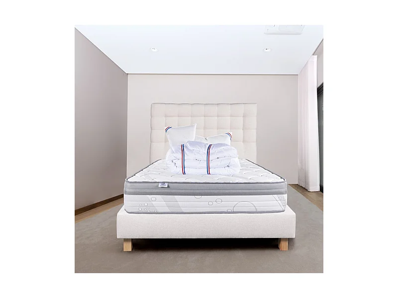 Ensemble Matelas ViscoPlus 26 cm, mousses haute densité, ferme, face été/hiver+sommier beige ep20cm+oreiller+couette+Tête de Lit, 140x200cm