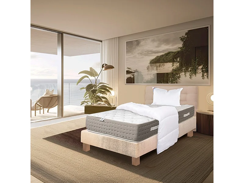 Ensemble Matelas Dreamlux 26cm ressorts ensachés ferme face été/hiver+sommier beige ep20cm+oreiller+couette+Tête de Lit, 90x190cm