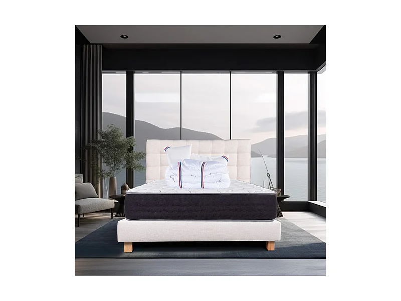 Ensemble Matelas Serenite, 27 cm, ressorts ensachés, ferme, face été/hiver+sommier beige ep20cm+oreiller+couette+Tête de Lit, 160x200cm