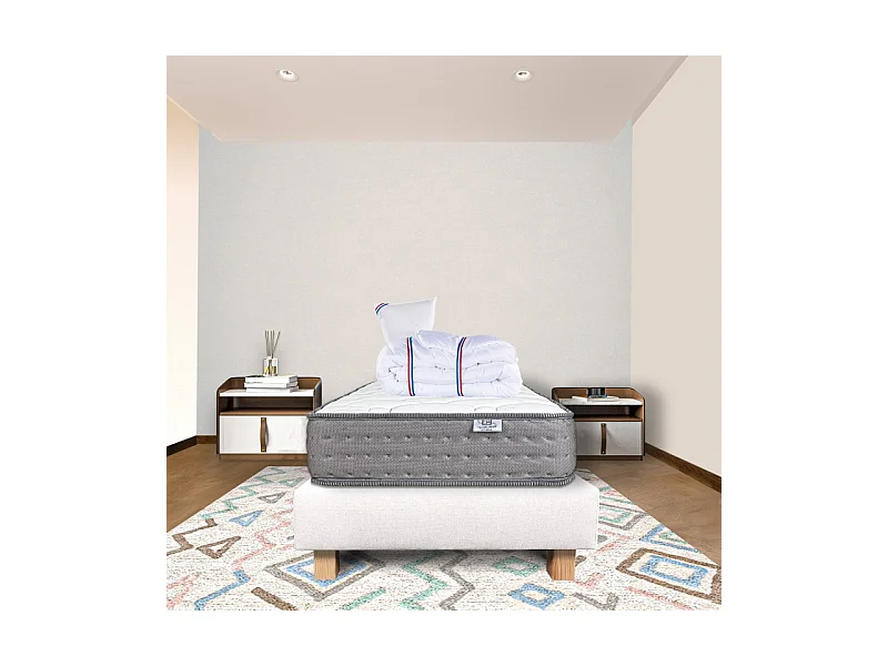 Ensemble Matelas Zen (20 cm), ferme, face été/hiver,Sommier beige (20cm), Oreiller et Couette, 90x190cm