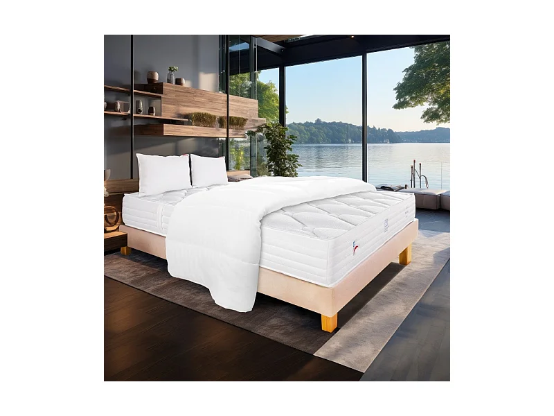 Ensemble Matelas Patriote Mousse, 27 cm, mousses haute densité , ferme, face été/hiver+sommier beige ep20cm+oreiller+couette, 160x200cm