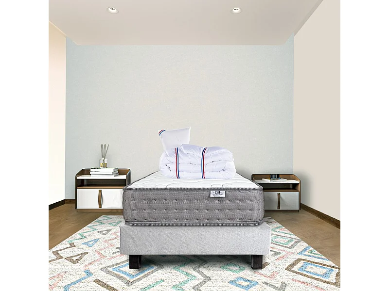 Ensemble Sommier gris (20cm) Matelas Zen (20 cm), ferme, face été/hiver Couette et Oreiller, 90x190cm