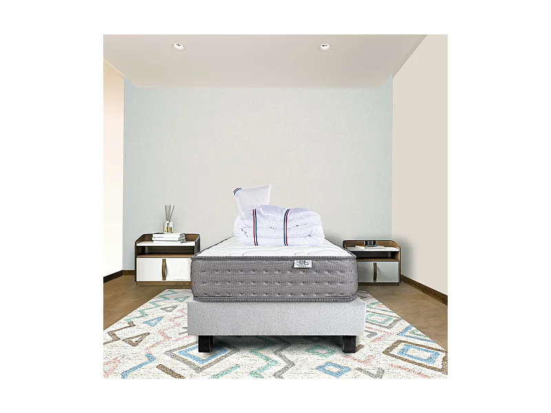 Ensemble Sommier gris (20cm) Matelas Zen (20 cm), ferme, face été/hiver Couette et Oreiller, 90x190cm
