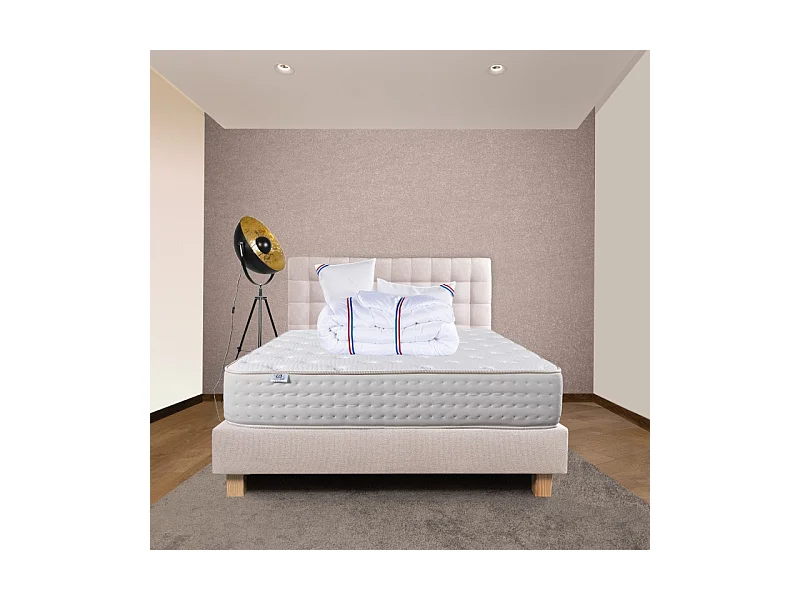 Ensemble Matelas Purlux, 26 cm, mousses haute densité, ferme, face été/hiver+sommier beige ep20cm+oreiller+couette+Tête de Lit, 160x200cm