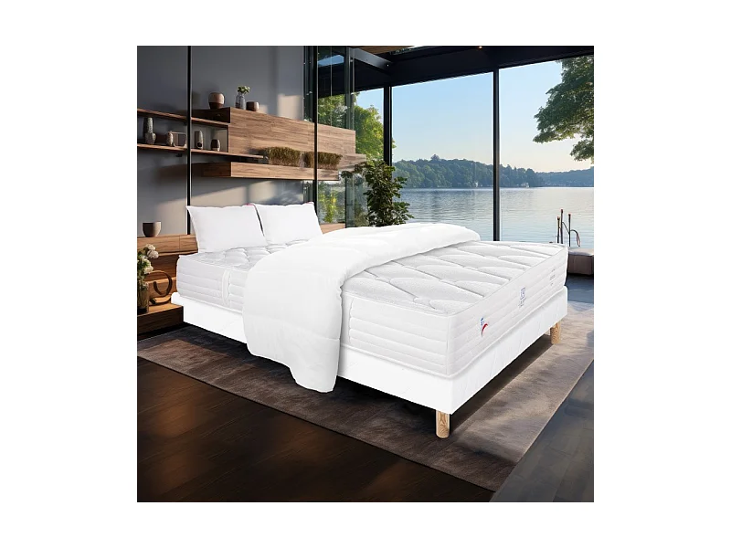 Ensemble Matelas Patriote Mousse, 27 cm, mousses haute densité , ferme, face été/hiver+sommier blanc ep 13cm+oreiller+couette, 140x190cm
