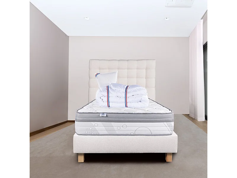 Ensemble Matelas ViscoPlus 26 cm, mousses haute densité, ferme, face été/hiver+sommier beige ep20cm+oreiller+couette+Tête de Lit, 90x190cm