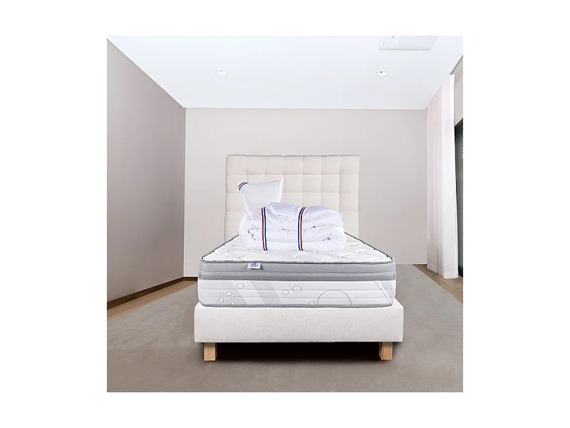 Ensemble Matelas ViscoPlus 26 cm, mousses haute densité, ferme, face été/hiver+sommier beige ep20cm+oreiller+couette+Tête de Lit, 90x190cm