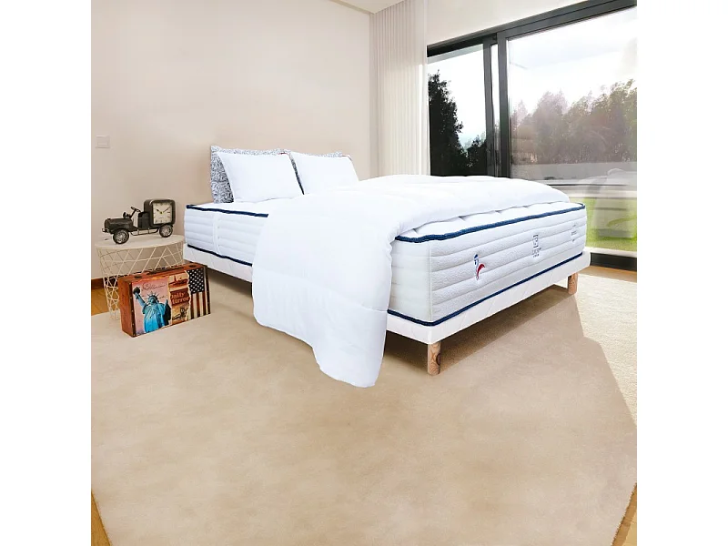 Ensemble Matelas Patriote, 27 cm, ressorts ensachés, ferme, face été/hiver + sommier blanc ep 13cm + oreiller + couette, 160x200cm