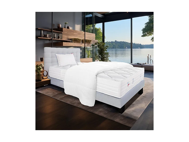 Ensemble Matelas Patriote Mousse 27cm  ferme face été/hiver+sommier gris ep20cm+oreiller+couette+Tête de Lit, 90x190cm