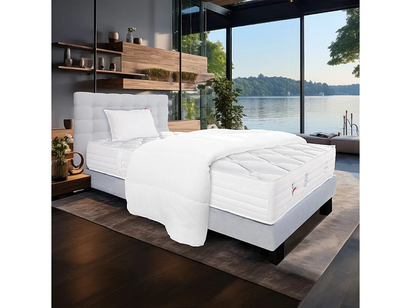 Ensemble Matelas Patriote Mousse 27cm  ferme face été/hiver+sommier gris ep20cm+oreiller+couette+Tête de Lit, 90x190cm