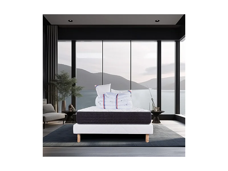 Ensemble Matelas Serenite, 27 cm, ressorts ensachés, ferme, face été/hiver + sommier blanc ep 13cm + oreiller + couette, 140x200cm