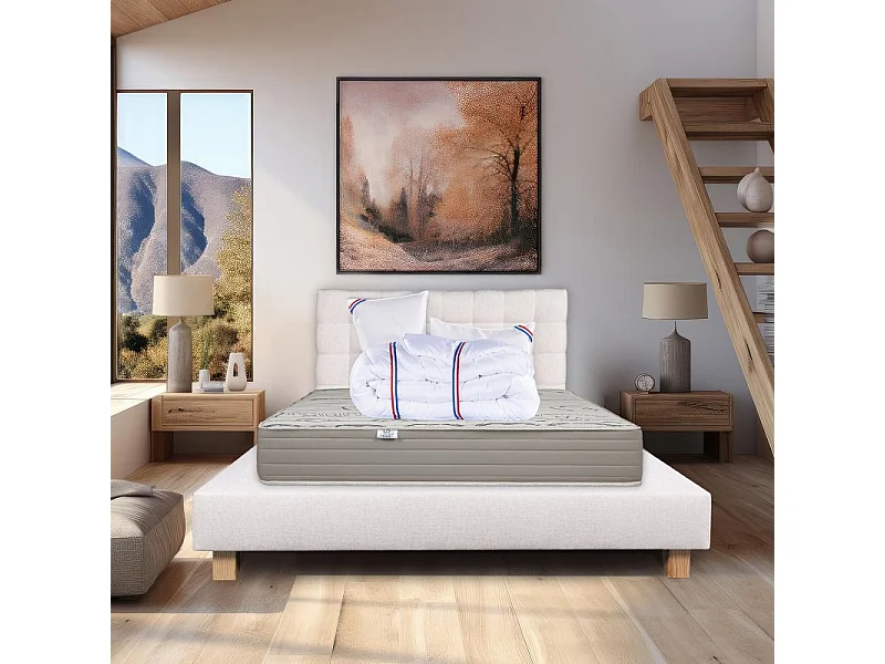 Ensemble Matelas Organic Cotton 24cm ferme face été/hiver+sommier beige ep20cm+oreiller+couette+Tête de Lit, 160x200cm