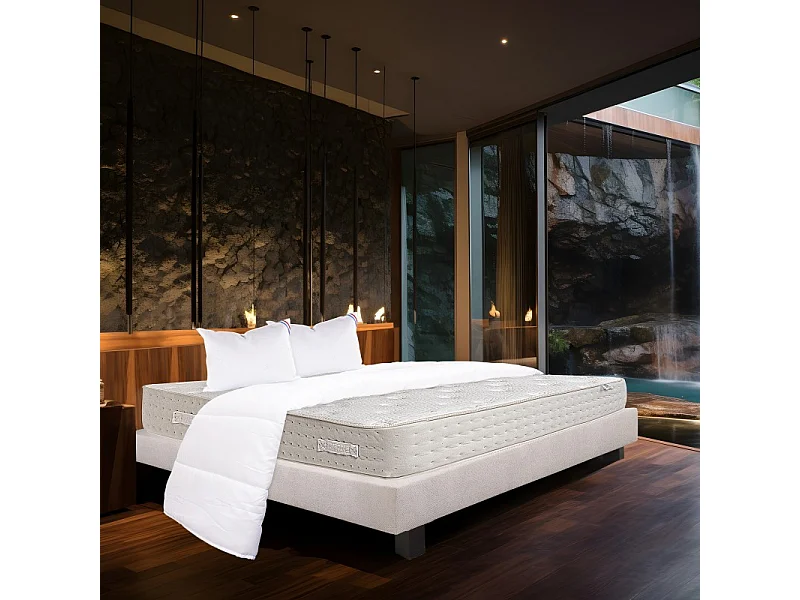 Ensemble Matelas Purlux, 26 cm, mousses haute densité, ferme, face été/hiver + sommier gris ep20cm + oreiller + couette, 140x200cm