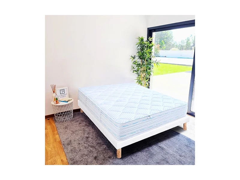 Ensemble Matelas Thermotec (24 cm), mousses haute densité, ferme, face été/hiver et Sommier blanc (13cm), 140x190cm