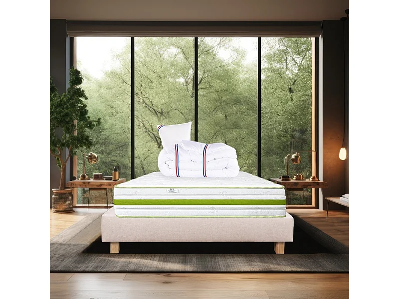 Ensemble Matelas Rêverie, 30 cm, mousses haute densité, ferme, face été/hiver + sommier beige ep20cm + oreiller + couette, 90x190cm