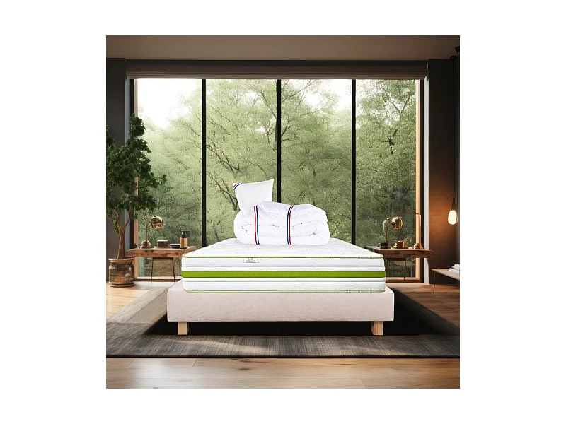 Ensemble Matelas Rêverie, 30 cm, mousses haute densité, ferme, face été/hiver + sommier beige ep20cm + oreiller + couette, 90x190cm