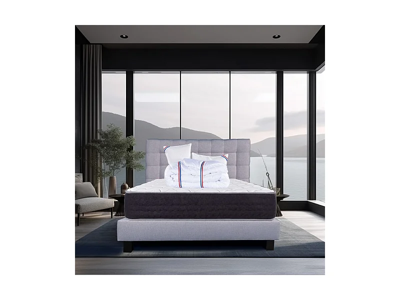 Ensemble Matelas Serenite, 27 cm, ressorts ensachés, ferme, face été/hiver+sommier gris ep20cm+oreiller+couette+Tête de Lit, 140x190cm