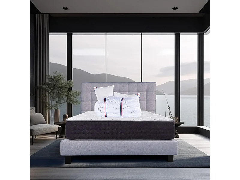 Ensemble Matelas Serenite, 27 cm, ressorts ensachés, ferme, face été/hiver+sommier gris ep20cm+oreiller+couette+Tête de Lit, 140x190cm