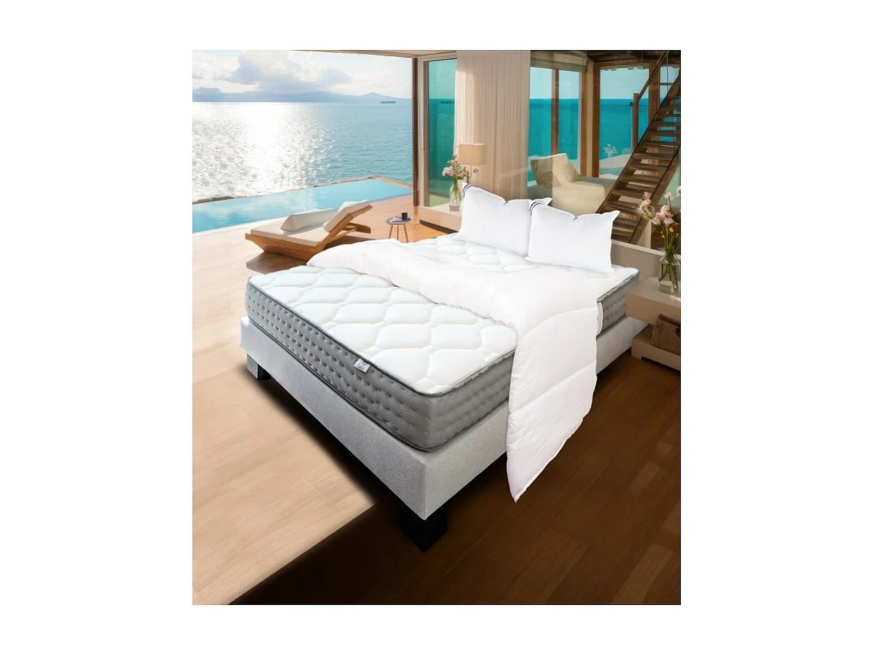 Ensemble Sommier gris (20cm) Matelas Zen (20 cm), ferme, face été/hiver Couette et Oreiller, 140x190cm