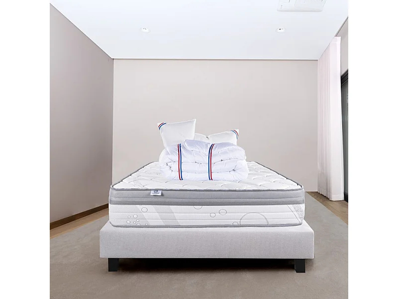 Ensemble Matelas ViscoPlus, 26 cm, mousses haute densité, ferme, face été/hiver + sommier gris ep20cm + oreiller + couette, 160x200cm