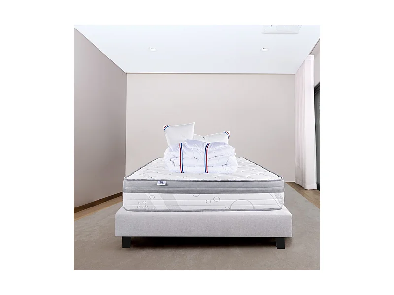 Ensemble Matelas ViscoPlus, 26 cm, mousses haute densité, ferme, face été/hiver + sommier gris ep20cm + oreiller + couette, 160x200cm