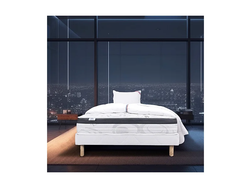 Ensemble Matelas Sleeplux, 26 cm, mousses haute densité, ferme, face été/hiver + sommier blanc ep 13cm + oreiller + couette, 90x190cm