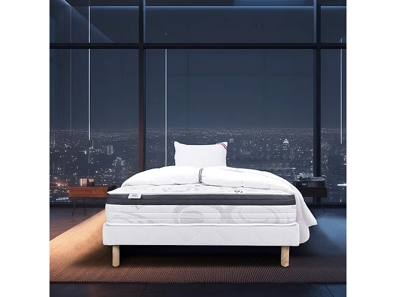 Ensemble Matelas Sleeplux, 26 cm, mousses haute densité, ferme, face été/hiver + sommier blanc ep 13cm + oreiller + couette, 90x190cm