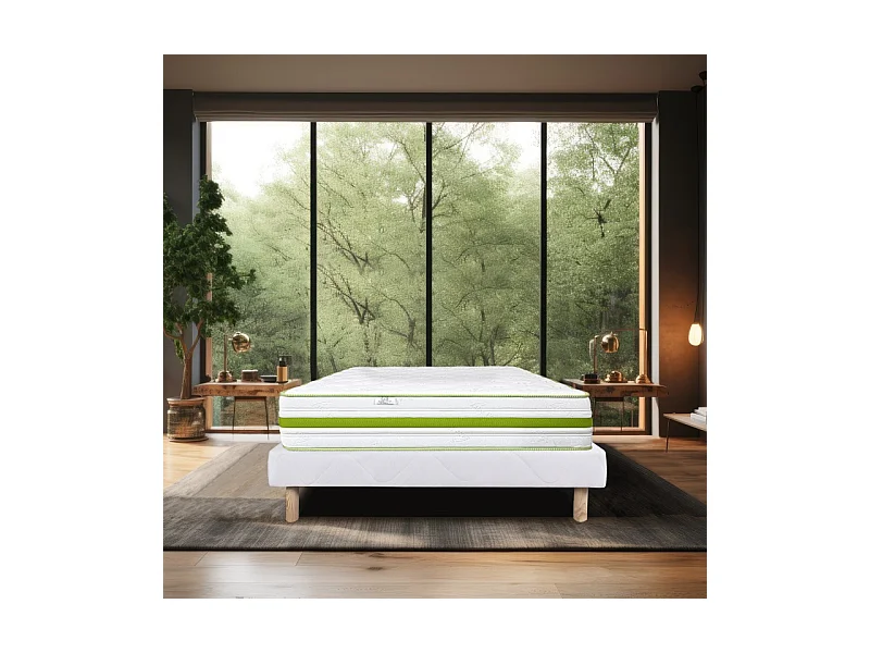 Ensemble Matelas Rêverie, 30 cm, mousses haute densité, ferme, face été/hiver + sommier blanc ep 13cm, 140x190cm
