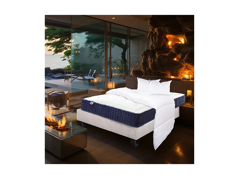 Ensemble Matelas Nuage (24cm), Sommier (20cm), Oreiller et Couette-mousse haute densité, mi-ferme, face été/hiver, 160x200cm