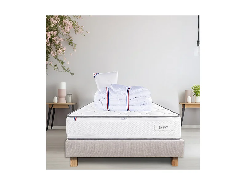 Ensemble Sommier beige (20cm), Matelas Iris (20 cm) mousses haute densité, ferme, face été/hiver, Oreiller et Couette, 90x190cm