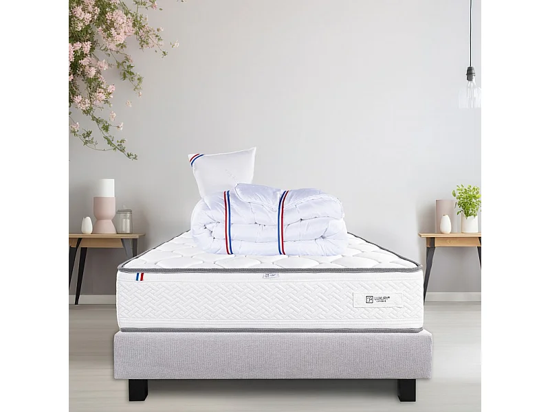Ensemble Sommier gris (20cm), Matelas Iris (20 cm), mousses haute densité, ferme, face été/hiver, Oreiller et Couette, 90x190cm
