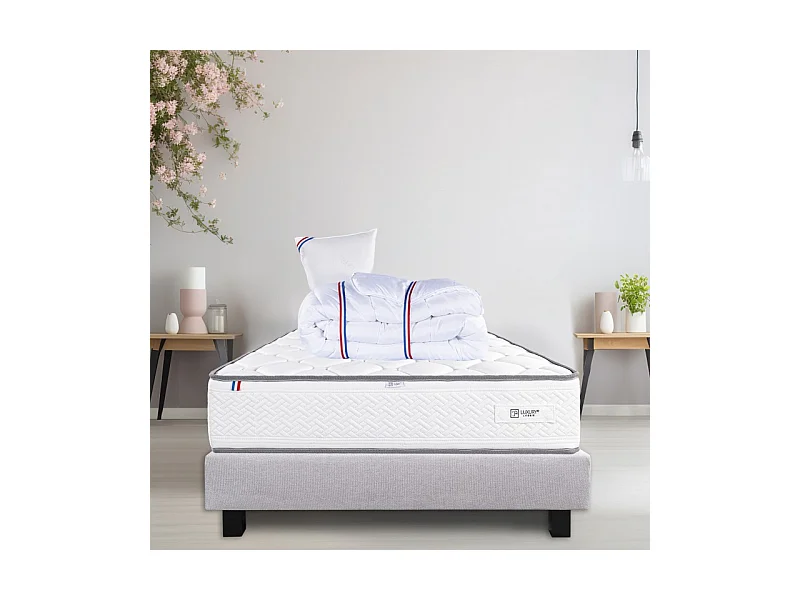 Ensemble Sommier gris (20cm), Matelas Iris (20 cm), mousses haute densité, ferme, face été/hiver, Oreiller et Couette, 90x190cm